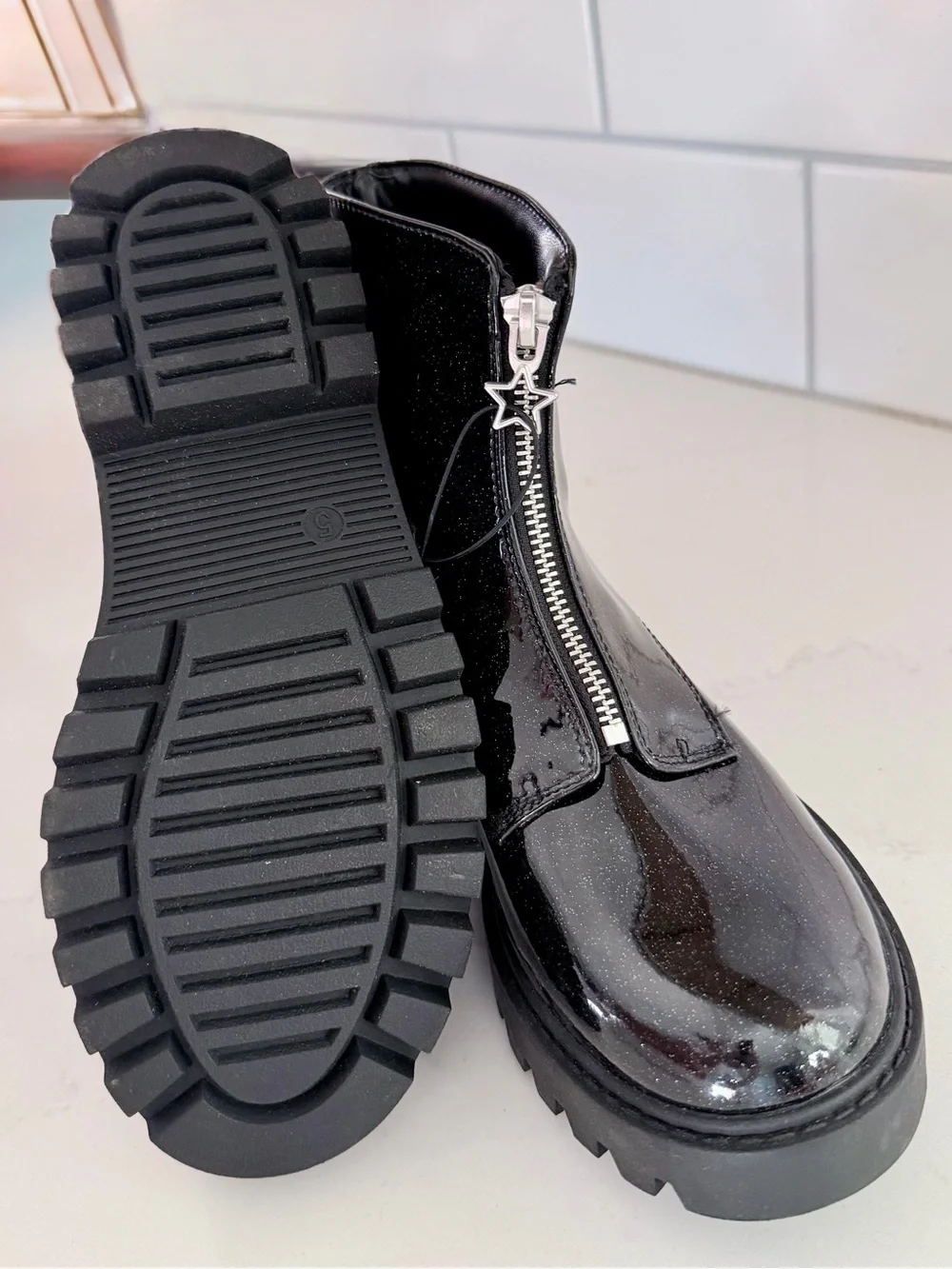 Target art class Kids Black Patent Glitter Ankle Boots with Star Zipper